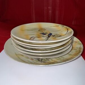 7 Antique 1921 Hand Painted Elite Nippon Plates Blue Sparrow/Swallow & Willow